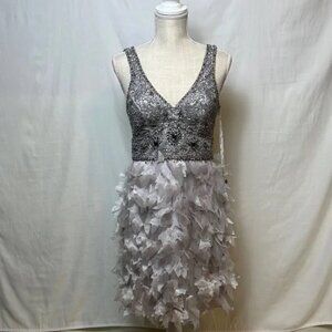 Sue Wong Silver Sleeveless Petal Feather Cocktail Dress Size: US 10
